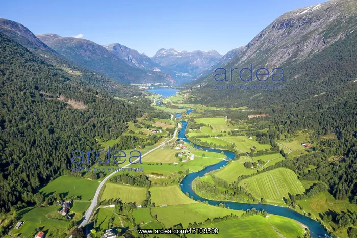 : Aerial view, mountain valley with meandering river : Aerial view, mountain valley with meandering river