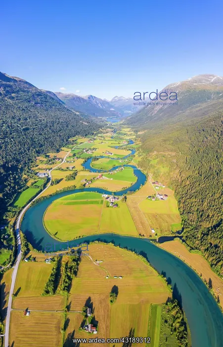 : Aerial view, mountain valley with meandering river : Aerial view, mountain valley with meandering river