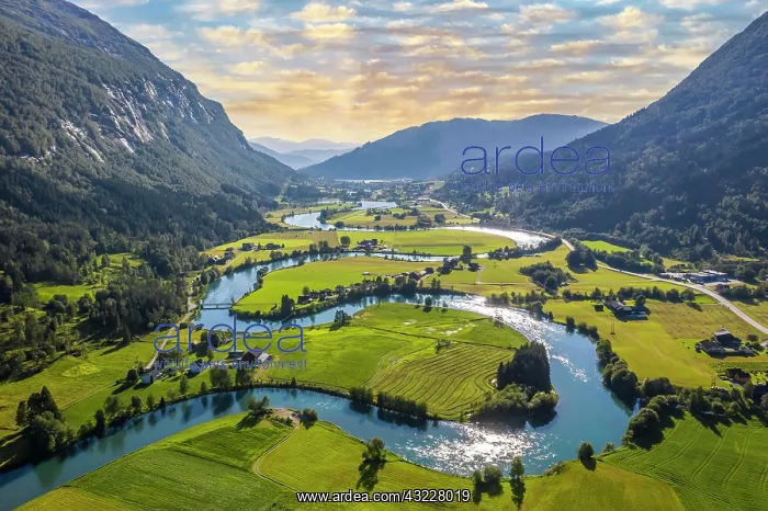 : Aerial view, mountain valley with meandering river : Aerial view, mountain valley with meandering river