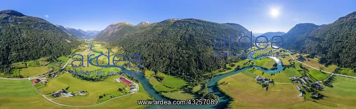 : Aerial view, mountain valley with meandering river : Aerial view, mountain valley with meandering river