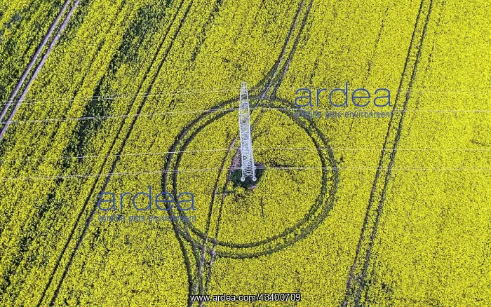 : Aerial view of power line with power lines in a : Aerial view of power line with power lines in a