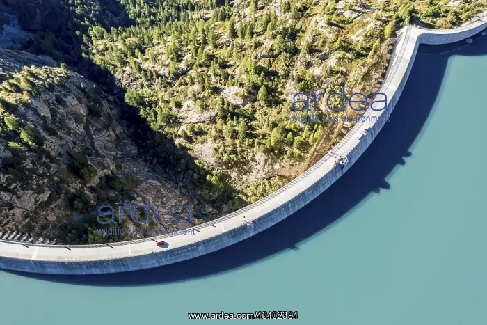 : Aerial view of reservoir dam and lake lac d Emosson : Aerial view of reservoir dam and lake lac d Emosson