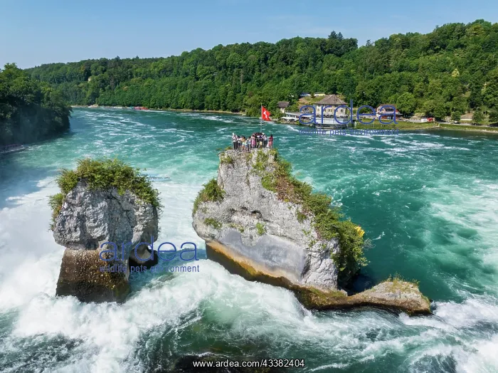 : Aerial view of the Rhine Falls, with tourists on : Aerial view of the Rhine Falls, with tourists on