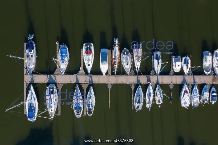 : Aerial view of sailing boats at the marina in the : Aerial view of sailing boats at the marina in the