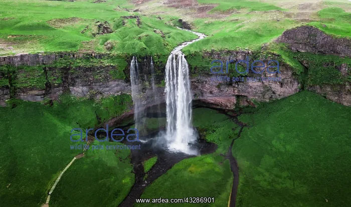 : Aerial view, Seljalandsfoss waterfall falls from : Aerial view, Seljalandsfoss waterfall falls from