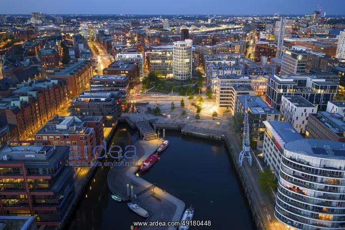 : Aerial view of the Speicherstadt Hamburg with Magellan Terraces at Sandtor harbour at blue hour : Aerial view of the Speicherstadt Hamburg with Magellan Terraces at Sandtor harbour at blue hour