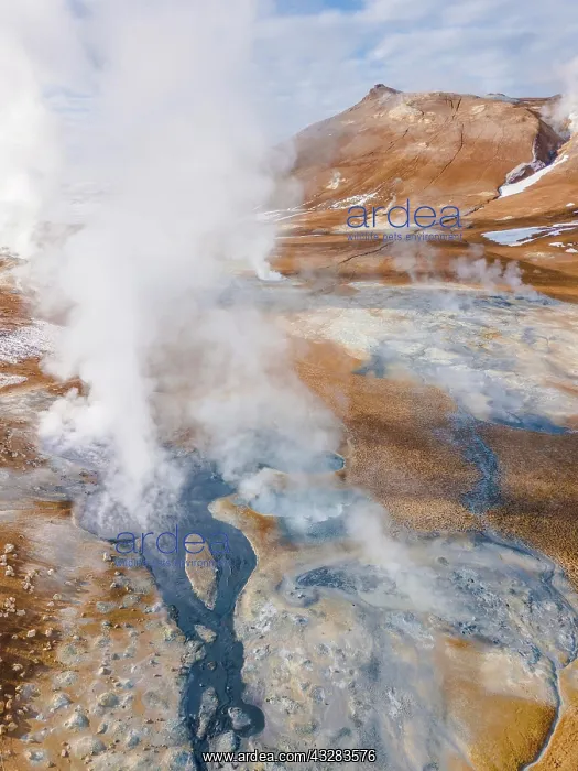 : Aerial view, steaming river and fumaroles, geothermal : Aerial view, steaming river and fumaroles, geothermal