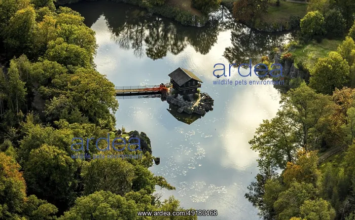 : Aerial view, Swiss cottage in the water with footbridge in the biotope wildlife park Anholter Schweiz : Aerial view, Swiss cottage in the water with footbridge in the biotope wildlife park Anholter Schweiz