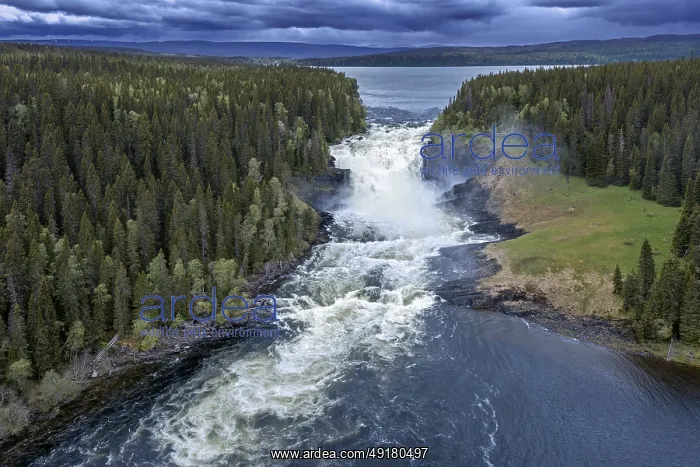 : Aerial view over the Tannforsen falls in spring near Are on the Indalsalven River : Aerial view over the Tannforsen falls in spring near Are on the Indalsalven River