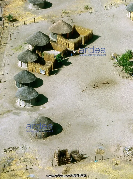 : Aerial view of thatched rondavels made of mud and : Aerial view of thatched rondavels made of mud and