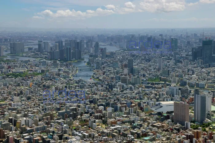 : Aerial view of the Tokyo skyline looking south towards Tokyo Port, Tokyo, Japan : Aerial view of the Tokyo skyline looking south towards Tokyo Port, Tokyo, Japan