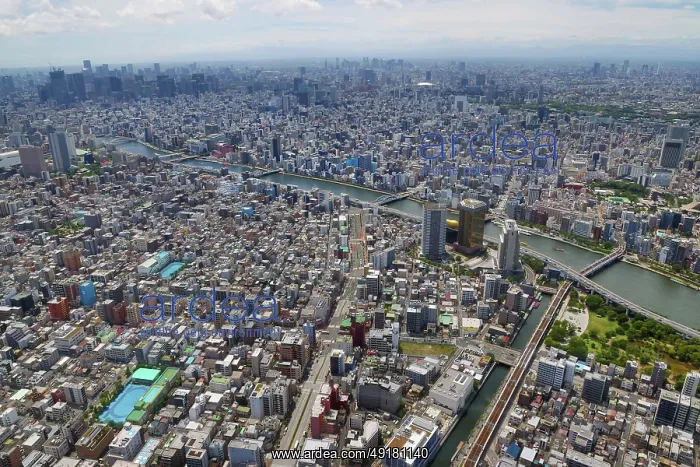 : Aerial view of the Tokyo skyline and the Sumida River, Tokyo, Japan : Aerial view of the Tokyo skyline and the Sumida River, Tokyo, Japan