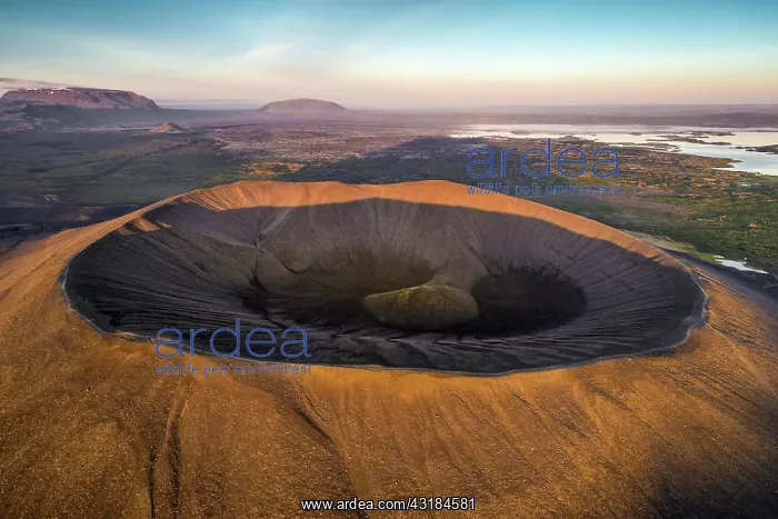 : Aerial view of the tuffring crater Hverfjall in : Aerial view of the tuffring crater Hverfjall in
