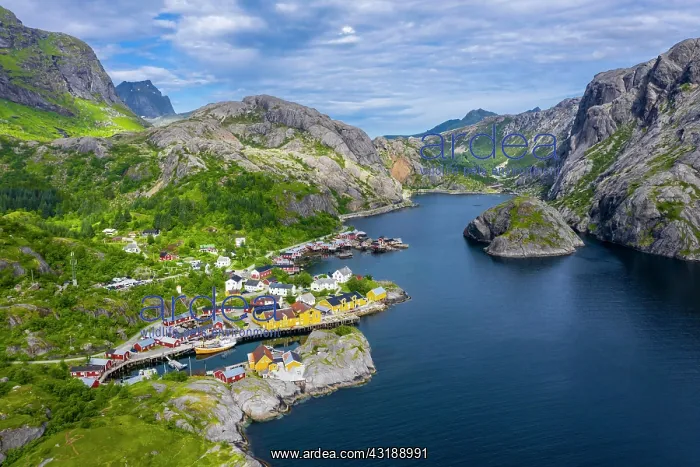 : Aerial view, view of harbour and rorbuer cabins : Aerial view, view of harbour and rorbuer cabins