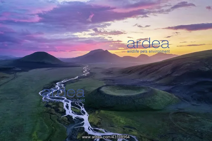 : Aerial view, volcanic crater, interlaced river : Aerial view, volcanic crater, interlaced river