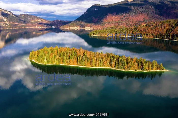 : Aerial view, Walchensee, Sassau Island, Upper Bavaria : Aerial view, Walchensee, Sassau Island, Upper Bavaria