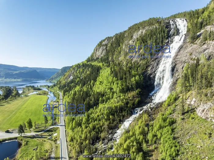 : Aerial view of waterfall Reiarsfoss at lake Bygdlandsfjord : Aerial view of waterfall Reiarsfoss at lake Bygdlandsfjord