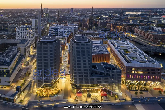 : Aerial view of Westfield Hamburg Uberseequartier zur Blauen Stunden : Aerial view of Westfield Hamburg Uberseequartier zur Blauen Stunden