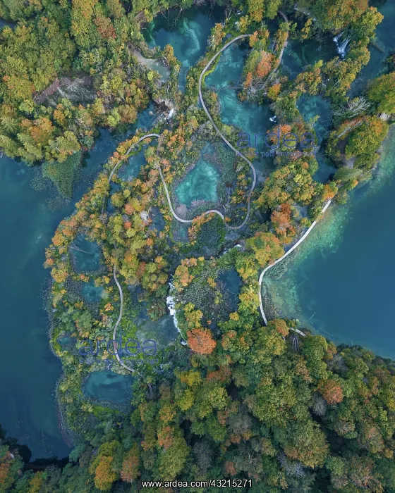  : Aerial view, winding path through Plitvice Lakes