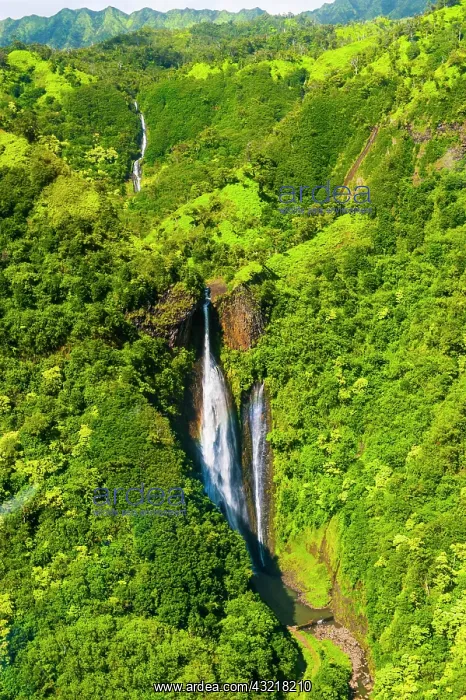 : Aerial of a waterfall in the interior of Kauai : Aerial of a waterfall in the interior of Kauai