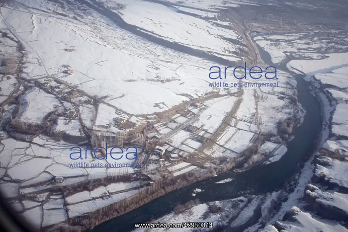 : Aerial winter view of the Indus and villages : Aerial winter view of the Indus and villages