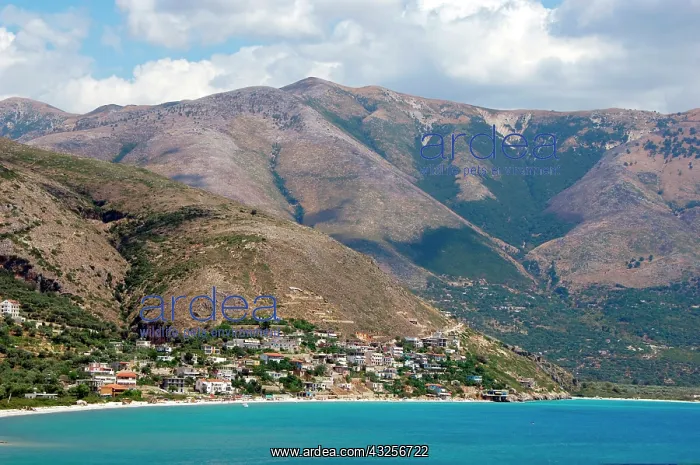 : Albania, Qeparo beach with mountainous landscape : Albania, Qeparo beach with mountainous landscape