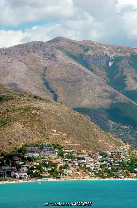 : Albania, Qeparo beach with mountainous landscape : Albania, Qeparo beach with mountainous landscape