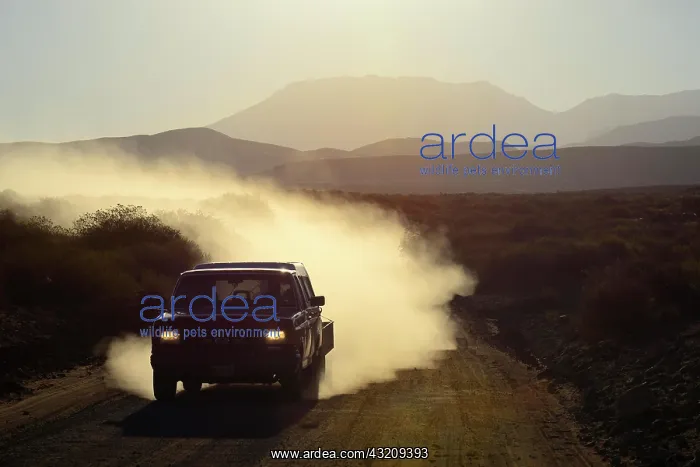 : All-terrain vehicle with dust cloud on track through : All-terrain vehicle with dust cloud on track through