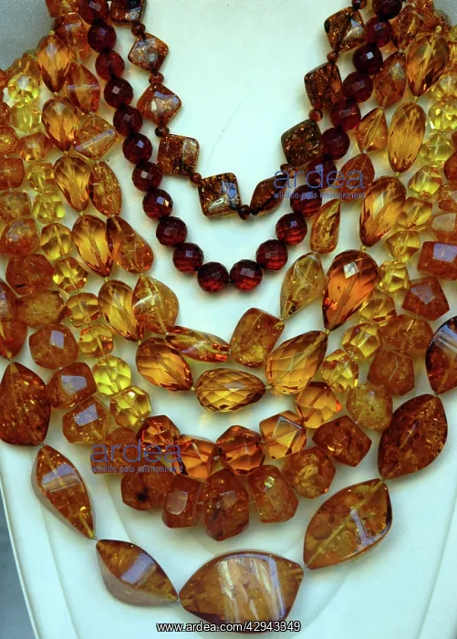 : Amber: polished pieces of Baltic amber made into a necklace : Amber: polished pieces of Baltic amber made into a necklace