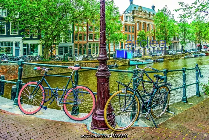 : Amsterdam, Netherlands. Wide angle landscape view of boat : Amsterdam, Netherlands. Wide angle landscape view of boat