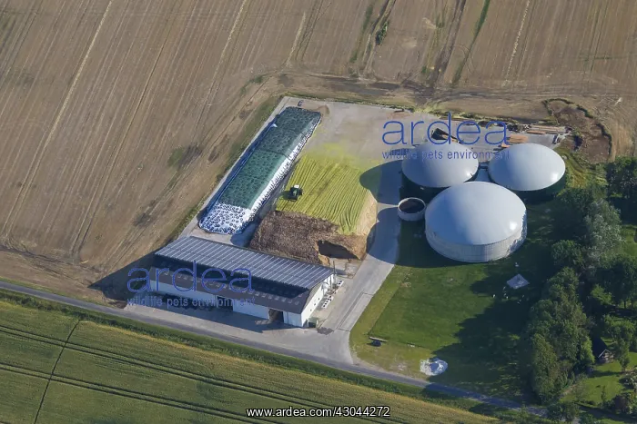 : Anaerobic digester plant - aerial view - Germany : Anaerobic digester plant - aerial view - Germany