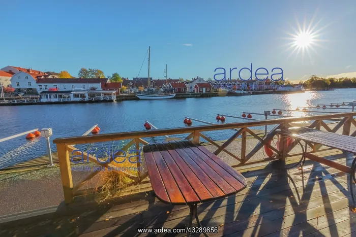 : Askersund lakefront - picturesque houses and boats on the la : Askersund lakefront - picturesque houses and boats on the la