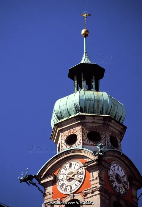 : Austria, Innsbruck. Baroque clock tower : Austria, Innsbruck. Baroque clock tower