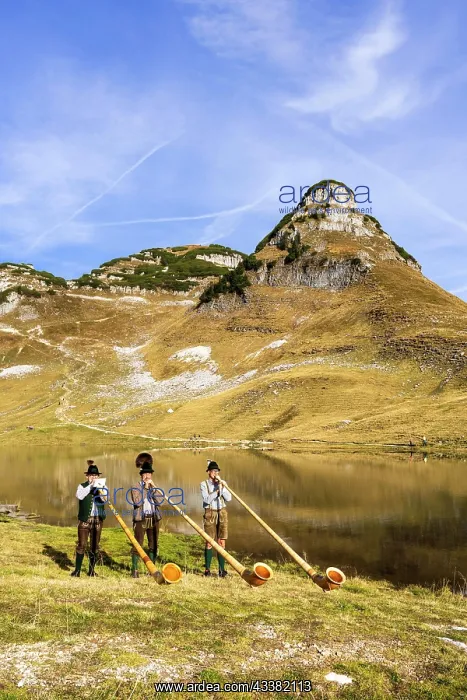 : The Austrian alphorn trio Klangholz plays the alphorn at the : The Austrian alphorn trio Klangholz plays the alphorn at the