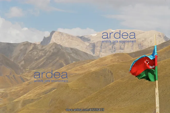 : Azerbaijan, Xinaliq. View of Azeri flag : Azerbaijan, Xinaliq. View of Azeri flag