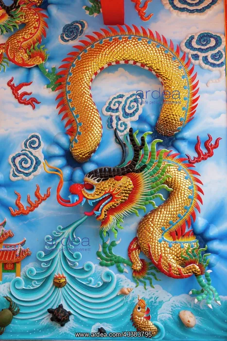 : Bangkok, Thailand. Colorful relief depicting dragon : Bangkok, Thailand. Colorful relief depicting dragon