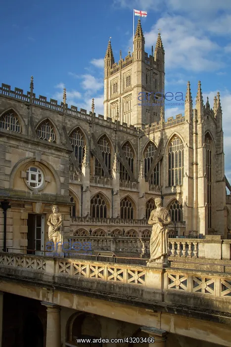 : Bath Cathedral towers over the open air Roman Baths : Bath Cathedral towers over the open air Roman Baths
