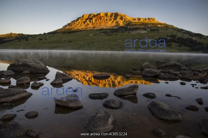 : Beartooth Butte reflecting in Beartooth Lake shortly : Beartooth Butte reflecting in Beartooth Lake shortly