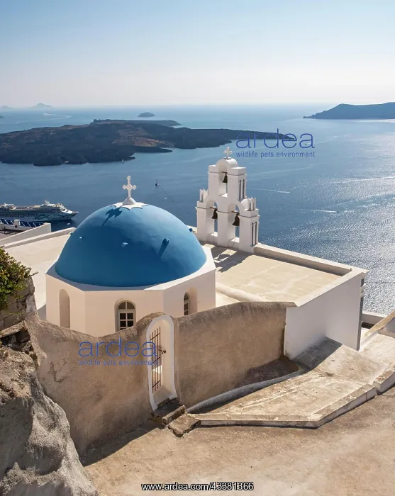 : Three Bells of Fira, Blue-domed church and belfry : Three Bells of Fira, Blue-domed church and belfry