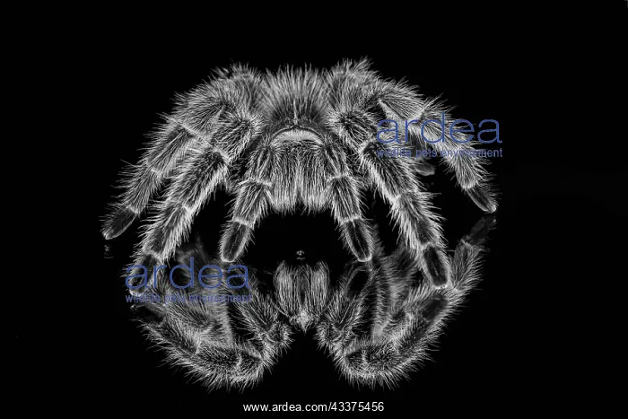 : Black and white of Mexican redknee tarantula reflected : Black and white of Mexican redknee tarantula reflected
