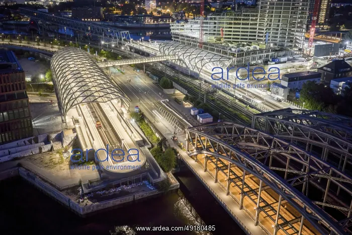 : Blue hour aerial view of the Hamburg Elbbrucken U4 underground and suburban railway station : Blue hour aerial view of the Hamburg Elbbrucken U4 underground and suburban railway station
