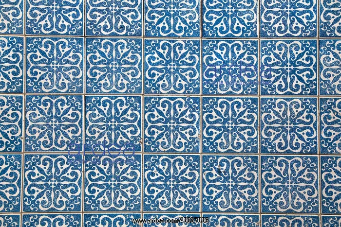 : Blue patterned tiles on a wall, Porto, Portugal : Blue patterned tiles on a wall, Porto, Portugal
