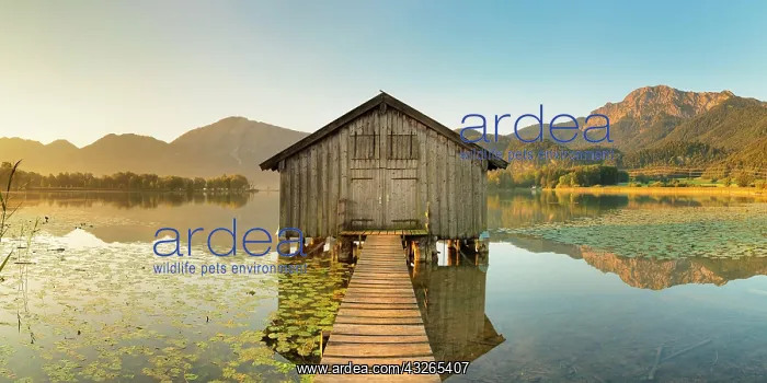: Boat hut in Lake Kochel, Herzogstand and Heimgarten : Boat hut in Lake Kochel, Herzogstand and Heimgarten
