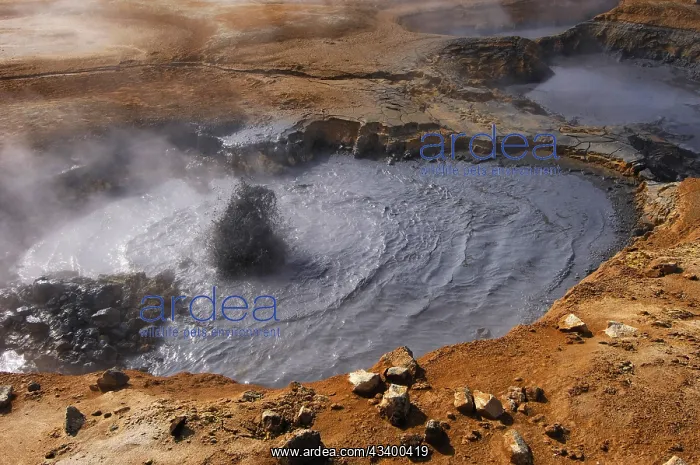 : Boiling mud-pool in a geothermal landscape at Hverarond : Boiling mud-pool in a geothermal landscape at Hverarond
