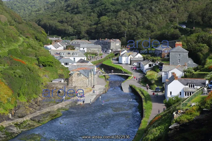 : Boscastle - bridge with tourists in summer : Boscastle - bridge with tourists in summer