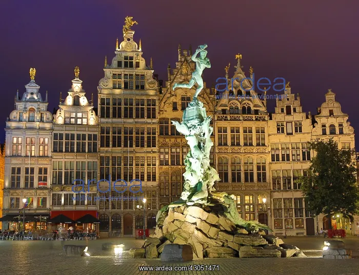  : The Brabo Fountain in the Grote Markt at night in