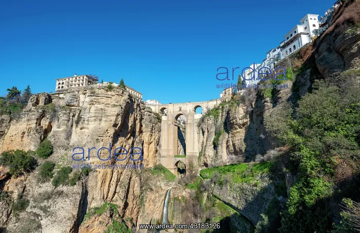: Bridge Puente Nuevo with waterfall at steep cliffs : Bridge Puente Nuevo with waterfall at steep cliffs