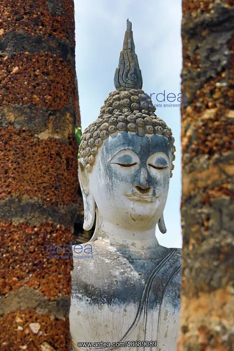 : Buddha Statue between pillars, Wat Sa Si Temple, Sukhothai : Buddha Statue between pillars, Wat Sa Si Temple, Sukhothai