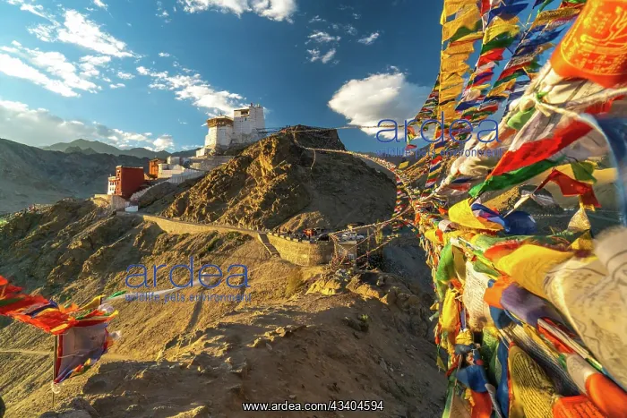 : Buddhist Prayer flags connecting two peaks of Peak : Buddhist Prayer flags connecting two peaks of Peak