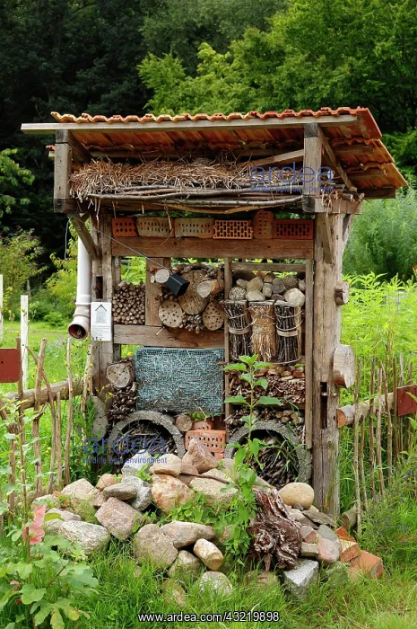 : Bug house in a cottage garden, Luebstorf, Mecklenburg-Wester : Bug house in a cottage garden, Luebstorf, Mecklenburg-Wester